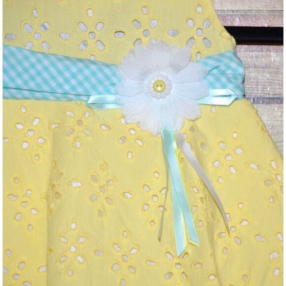 NWT Blueberi Boulevard Girls 12M Yellow Eyelet Lace Dress Plaid Belt with Daisy - Picture 3 of 12